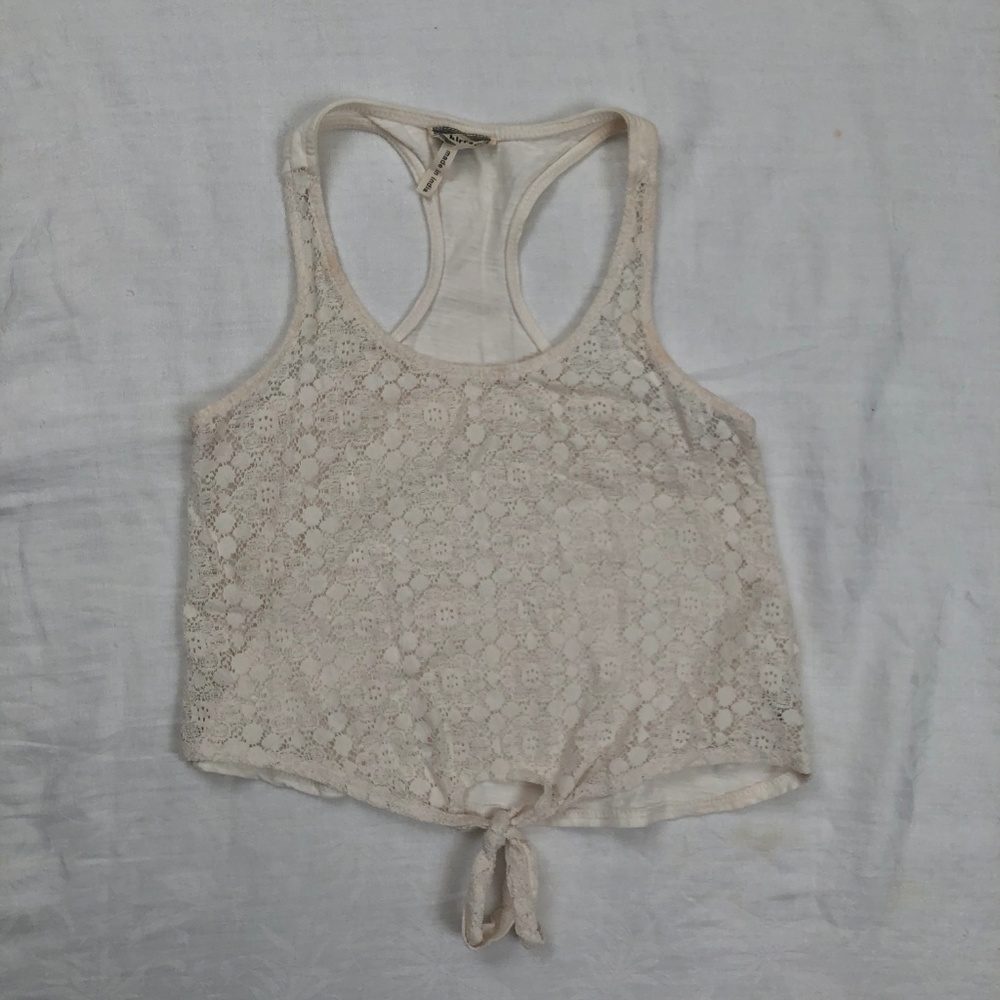 White lace razorback tank top with font tie